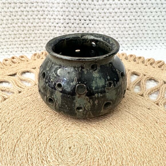 Signed Quebec Ceramic Glaze Pottery Candle Holder Luminary Cut Out Curved Lip - Picture 2 of 7